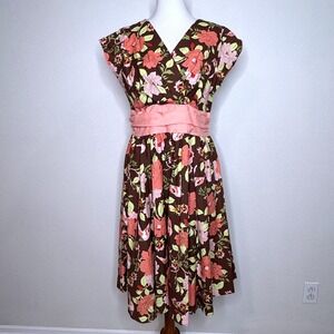 FOLTER Greta Rockabilly Midi Dress XL Fit & Flare Brown Bird Floral Retro Pin-Up